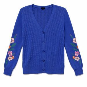 Talbots S Blue Cable Knit Cardigan Embroidered Floral Sleeves Cottagecore VTG